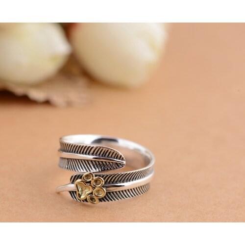 Wholesale S925 Pure Silver Antique Craft Simple Atmospheric Brand Personality Feathers Open Hand Act The Role Ofing