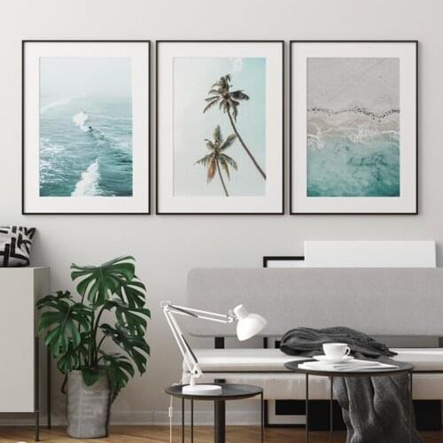 Palm Tree Coastal Posters Beach Wall Art Prints Sea View Photo Pictures Ocean Waves Canvas Painting Living Room Home Decoration