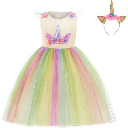 Christmas Unicorn Party Dress For Girls Dress Carnival Costume Princess Dresses Colorful Flower Girl Wedding Dresses 2-10 Years