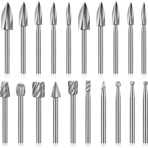 HLZS-20 Pcs Wood Carving Drill Bit Set Includes HSS Engraving Drill Accessories Bit and Wood Milling Burrs for Rotary Tools