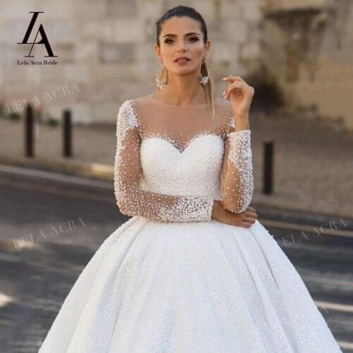 Wedding Dress Luxury Pearls Ball Gown Sweetheart Beaded Long Sleeve Bridal Princess Court Train LelaAcra SY24 Vestido De Novia