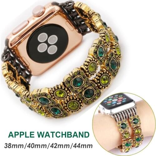 Green Crystal Jewelry Straps for Apple Watch Band 44mm 40mm iWatch SE/6/5/4 Elastic Bracelet Loop Correa Retro Metal Watchband