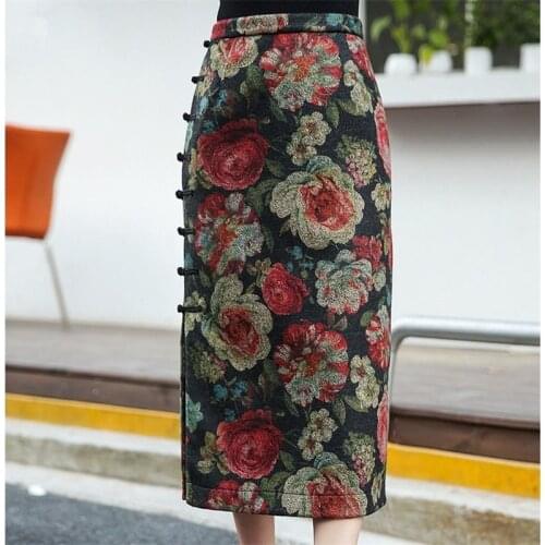 Chinese Style Flower Wool Long Skirts For Women Vintage Elegant Midi Skirt Female High Waist Floral Printed Woolen Pencil Skirt
