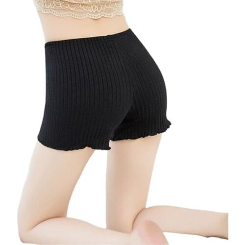 Ladies Women Summer Safety Pants Thread Ribbed Striped Seamless Stretchy Underpants Solid Color Ruffled Agaric Hem Boxer Shorts