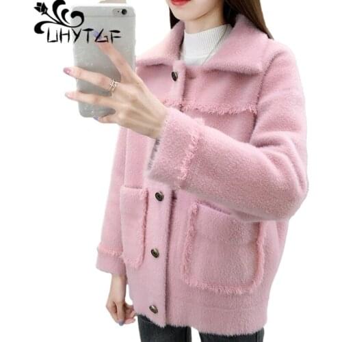 UHYTGF Woman Sweater Jacket Quality Mink Fleece Autumn Winter Tops Outwear Casual Short Coat Single-Breasted Cardigan Female1173