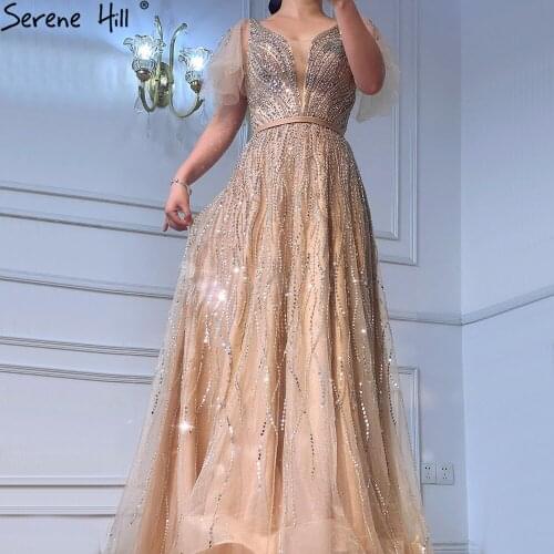 Serene Hill Gold Short Flare Sleeves Evening Dress 2021 A-Line V-Neck Luxury Beadings Women Formal Party Wear Gown CLA70824
