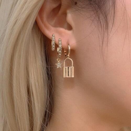 3Pcs/Set Shiny Crystal Star Lock Dangle Earrings for Female 2020 Trendy Tiny Charm Earrrings Set Party Jewelry Gift