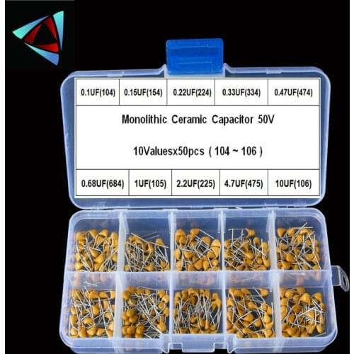 500pcs 10Valuesx50 0.1uF~10uF (104~106) Multilayer/Monolithic Ceramic Capacitors Assorted kit with storage box