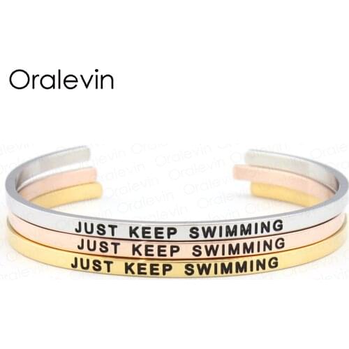 Stainless Steel Engraved Positive Inspirational JUST KEEP SWIMMING Bracelet Bangle for mother #LB857