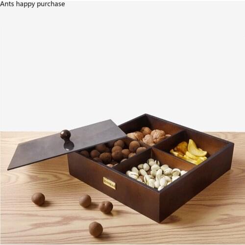 Square Wooden Storage Box Dried Fruit Box Plastic Cover 4 Cells Snack Boxes Nut Plate Snack Container Desktop Storage Organizer
