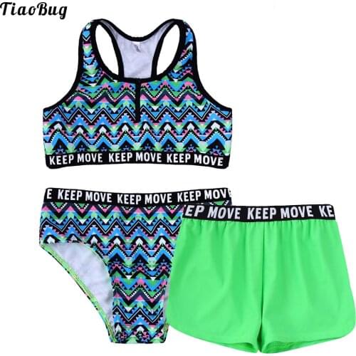 TiaoBug Summer 3Pcs Kids Girls Swimsuit Swimwear Round Neck Racer Back Front Zipper Crop Tops With Briefs And Shorts Set