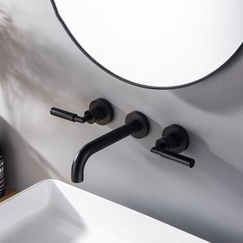 Matte Black Brass Double Handle Wall Mounted Bathroom Faucets Sink Faucet Hot & Cold Water Taps Basin Mixer Tap Set