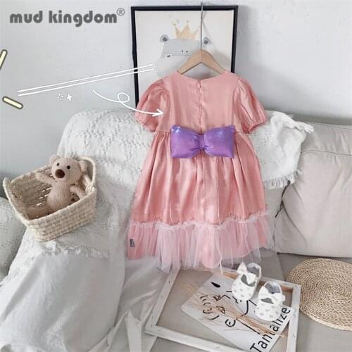 Mudkingdom Cute Girl Dress Bow Bright Silk Surface Mesh Puff Sleeve Solid Princess Dresses Toddler Drop Shoulder Summer Clothes