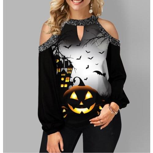 Fashion Halloween Pumpkin Print T Shirt Sexy Cold Shoulder Halter Women Top Pullover Spring Autumn Casual Lady Long Sleeve Shirt