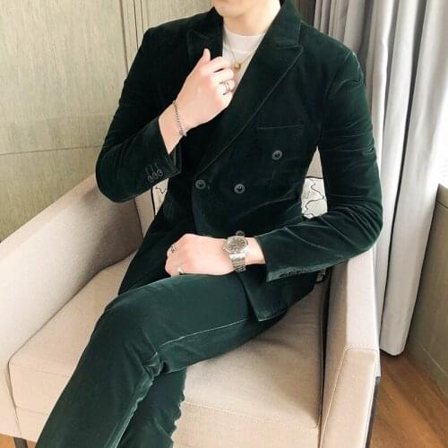 Golden Velvet Two Piece Suit for Men Wedding Groomsman Suits Spring Solid Vintage Slim Fit Costume Homme Casual Ropa Hombre