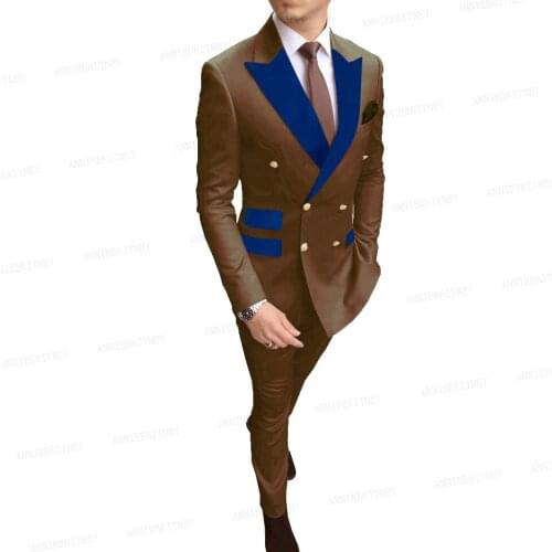 New Golden Buttons Brown Men Suit with Blue Velvet Lapel Business Blazer Pants 2 Pieces Set Slim Fit Groom Wedding Dress Tuxedo