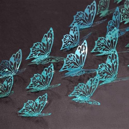 48pcs Glitter Sky Blue 3D Paper Hollow Butterfly Wall Stickers for Wedding Engagement Birthday Party DIY Butterflies Decorations