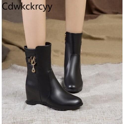 Winter The New fashion Round head Increase within Womens boots British style zipper Plus velvet Keep warm High heel Women boots