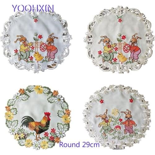 NEW round 29CM cartoon satin embroidery lace table place mat cloth pad cup coaster placemat doily kitchen Easter decor tableware