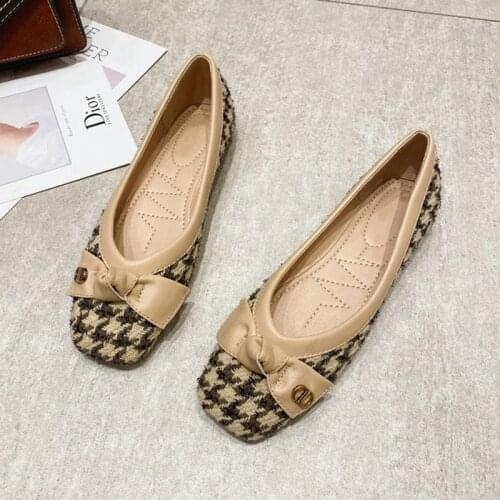 2021 Autumn Fashion Flats Women Soft Ballet Flat Shoes Plaid Square head Bow Womens Loafers Casual Woman Black Shoes