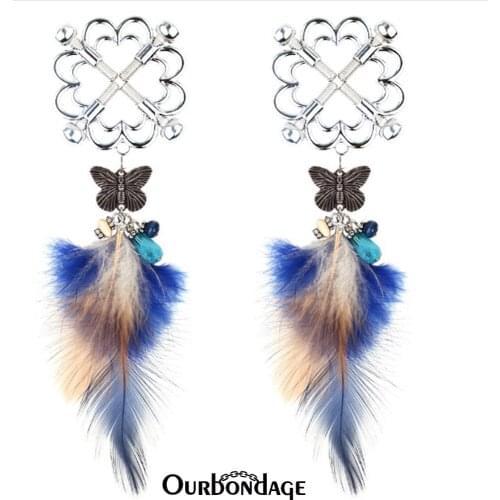 Ourbondage Stainless Steel Rounded Hard Clover Flower Shape Nipple Clamps Clips With Feather Adult Sex Toys For Women Lesbian