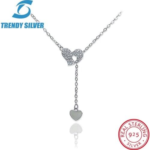 925 Sterling Silver Double Heart Necklace Pendant High Quality Jewelry rose gold adjustable