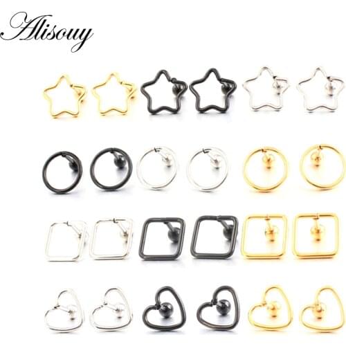 Alisouy Simple Earrings Steel Gold Black Triangle Small Geometric Round Square Stainless steel Cute Stud Earrings For Women men