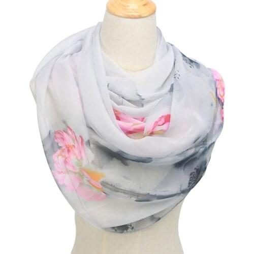 Fashion Women Ultra Thin Long Chiffon Flower Print Silk Scarves Spring Polyester Lotus Pattern Soft Sunscreen Shawl Scarf N49