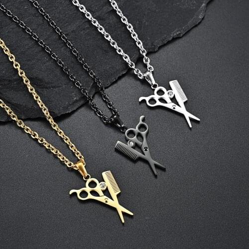 Cute Things Geometric Hairdresser Scissors Comb Pendant Necklace Stainless Steel Unix CZ Stone Man Women 2020 Gift For Boyfriend