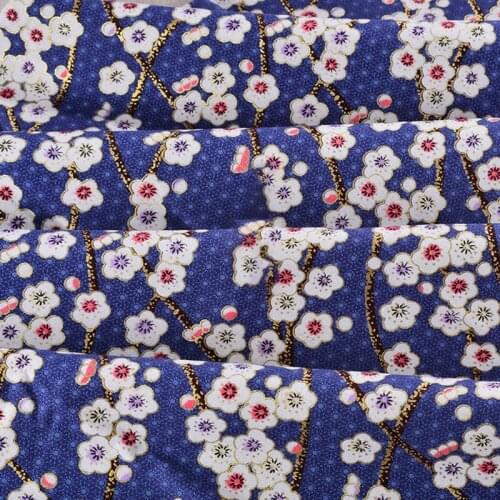 Navy Blue Japanese Style Bronzing Cotton Printed Fabric For Sewing Kimono, Cheongsam Making Dolls & Bags Material Fabric