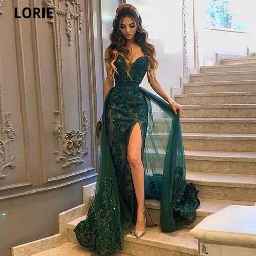 LORIE Dark Green Mermaid Evening Dresses V-neck Lace Appliques Beading Formal Prom Party Beauty Pageant Dresses with High Split