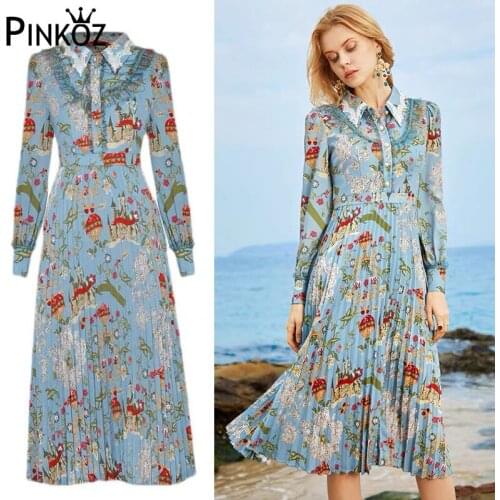 Pinkoz Spring Women Fashion Designer Party Pleated Dress Lantern Sleeve Lace Beading Floral Print Elegant Ladeis Midi Dresses za