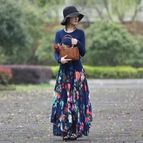 Free Shipping 2020 New Fashion Long Maxi A-line Elastic Waist Women Spring Summer S-2XL High Quality Flower Print Vintage Skirts
