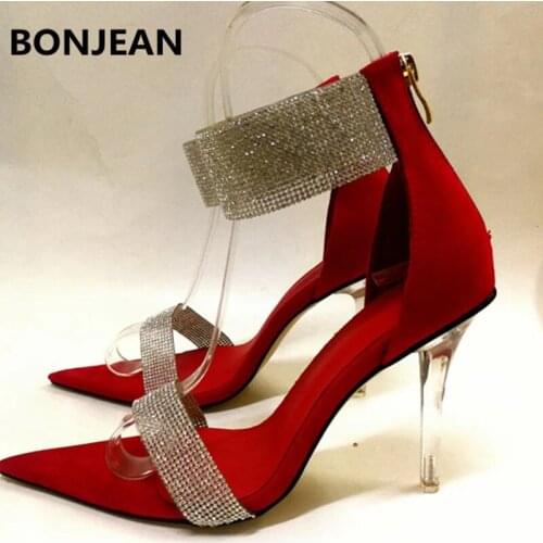 2020 New Summer Women Sandals Back Zipper Crystal High Thin Heels Sexy Bling Women Shoes Woman Gladiator Pointed Toe Fashion