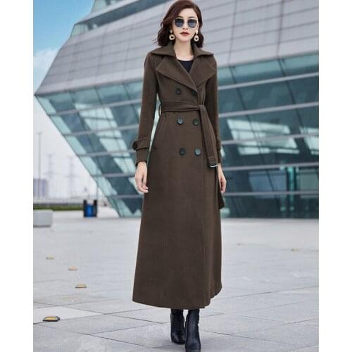 Women Vintage Woolen Long Coat With Belt England Double Breasted Wool Blend Overcoat Female Winter Wool Trench Coats