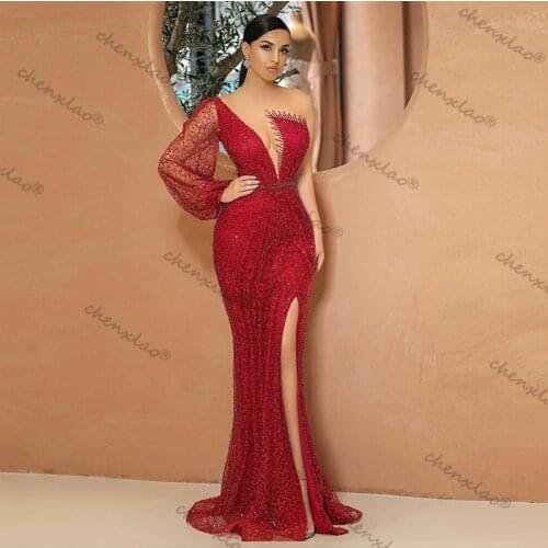 Burgundy Sexy Illusion Tulle Evening Dresses Mermaid High Split One Ruffles Sleeve Special Party Gowns Robe De Soiree
