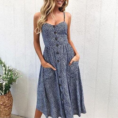 Vintage Casual Sundress Beach Dress Button Backless Polka Dot Striped Women Dress Summer 2021 Boho Sexy Floral Dress
