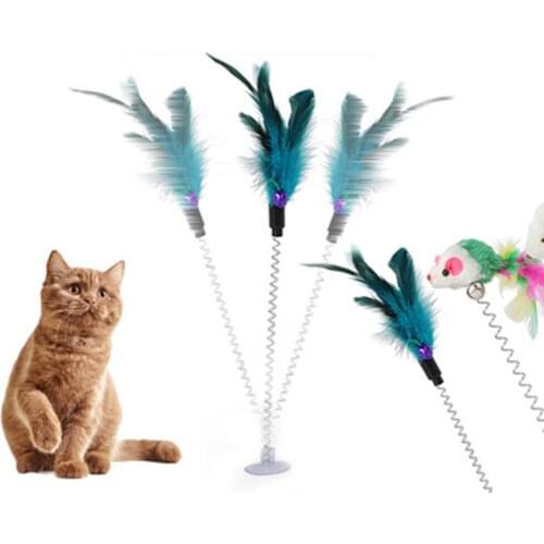 1PC Spring Pet Toy Elastic With Bell Spring Color Mouse And Feather Bottom Sucker Pet Cat Toy Product Cat Accessories Decoration