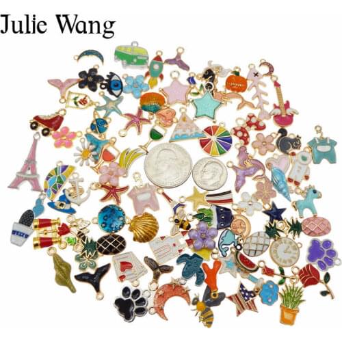 Julie Wang 10PCS Enamel Charms Alloy Randomly Mix Flowers Animal Plant Moon Star Necklace Bracelet Jewelry Making Accessory