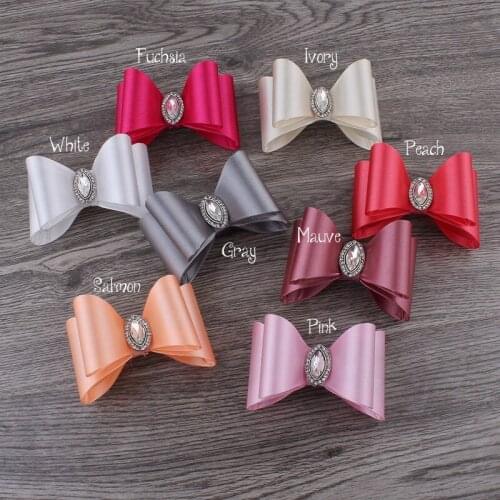 200pcs/lot 3.2" 8colors Newborn Luxe Hair Bows+Crystal Rhinestone Button Handmade Hard Satin Bow Artificial & Dried Flowers