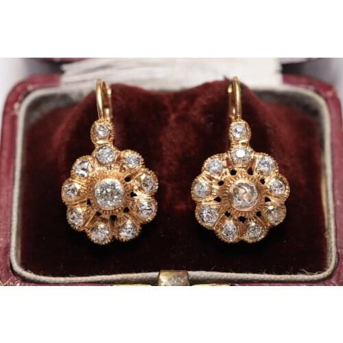 Antique Original 8k Gold Ottoman Natural Old Cut Diamond Decorated Amazing Rose Earring
