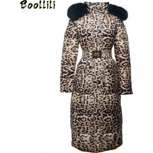 Boollili White Down Jacket Woman Hooded Leopard Winter Coat Women Long Warm Puffer Jacket Raccon Fur Collar Chaqueta Mujer
