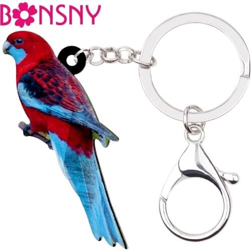 Bonsny Acrylic Crimson Rosella Parrot Bird Key Chains Keychain Ring Holder Tropic Animal Jewelry For Women Girls Bag Car Charms