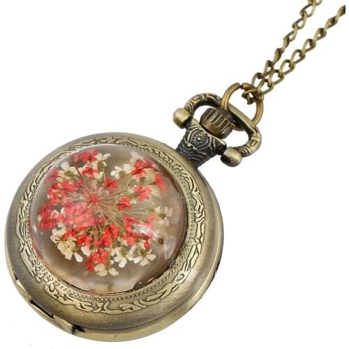 Gnova Platinum Crystal Pocket Watch Women Vintage Real Flower Retro Old Fashion Rhinestone Necklace Watch Top Quartz Clock A862