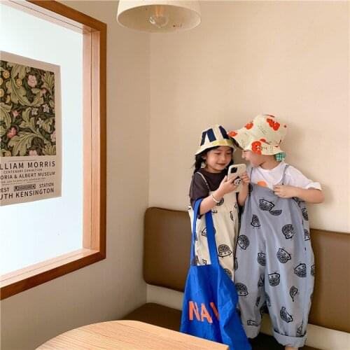 2-8 Y Childrens Overalls 2021 Summer Kids Boys Girls Korean Casual Loose Overalls Fashion Print Baby Jumpsuit Toddlers Pants