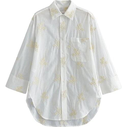 Summer Women T-Shirts Embroidery Long Sleeve Pockets Casual Loose Style Fashion Autumn Cotton Linen Softwear Female Blouse C2783