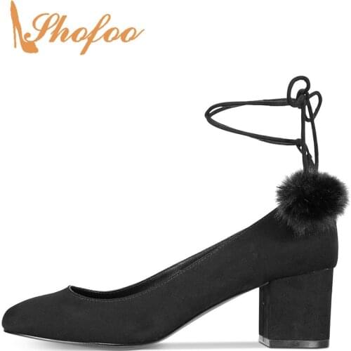 Basic Women Ladies Flock Pumps Black/Red Solid Lace-up High Square Heels Round Toe Office&Career Mature Adult Large Size 11 15