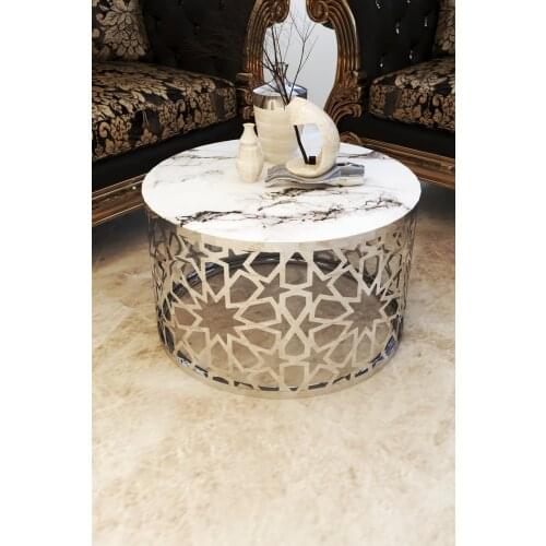 Cream Marble Pattern Glazed Laser Cut Lux Silver Medium Coffee Table wohnzimmertisch طاولة غرفة معيشة столик из стекла