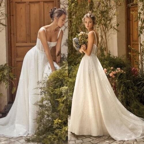 2020 New A Line Wedding Dresses Bridal Gowns Spaghetti Neck Lace Appliqued Sequined Wedding Dress Robes De Mariée