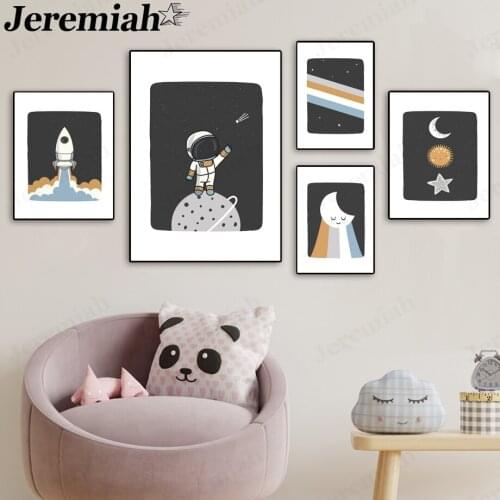 Cartoon Astronaut Canvas Poster Rocket Universe Moon Canvas Painting Picture Wall Art Modern Childrens Room Home Decoration